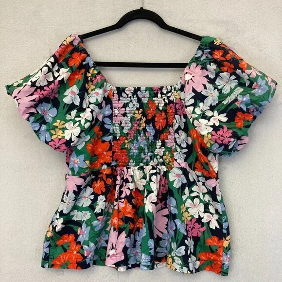 Old Navy Floral Babydoll Puff Sleeve Top Shirt Womens Size XL Smocked Colorful - Picture 2 of 12
